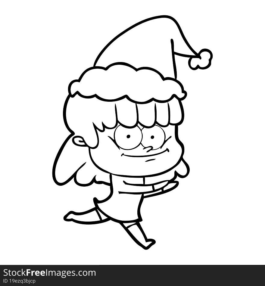 hand drawn line drawing of a smiling woman wearing santa hat