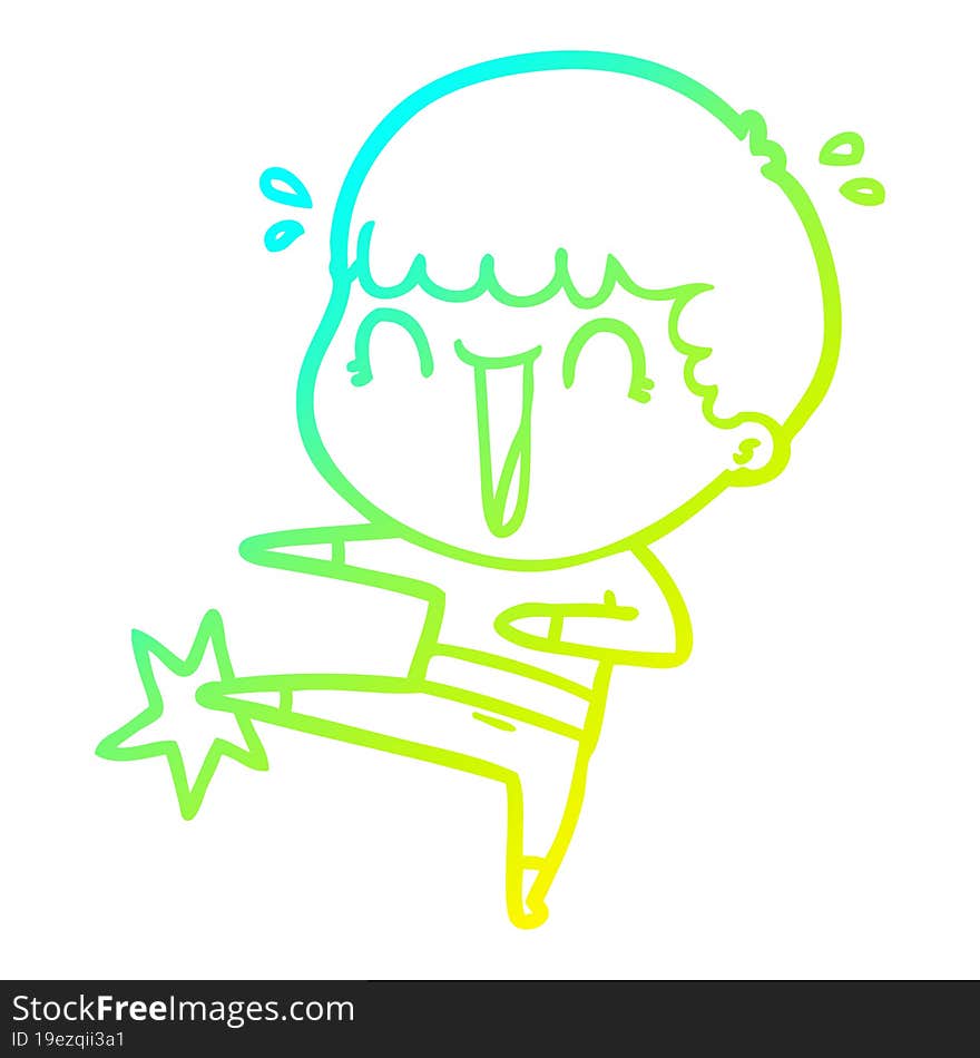 cold gradient line drawing of a laughing cartoon man karate kicking