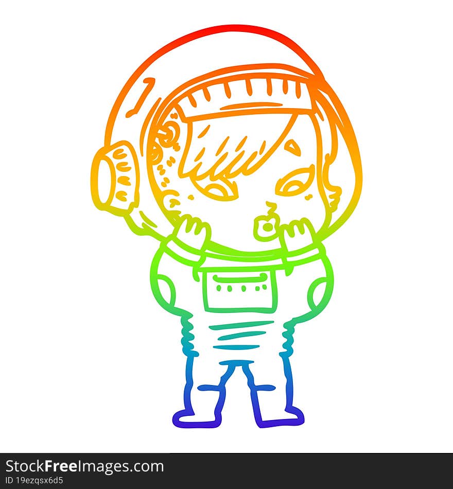 rainbow gradient line drawing of a cartoon astronaut woman