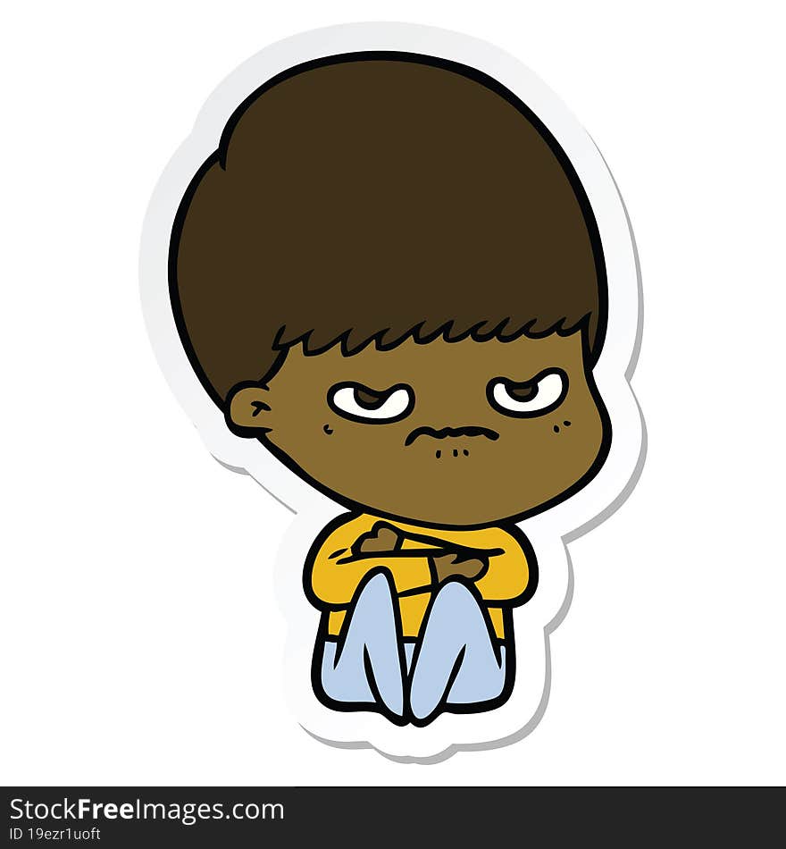 sticker of a cartoon angry boy sitting