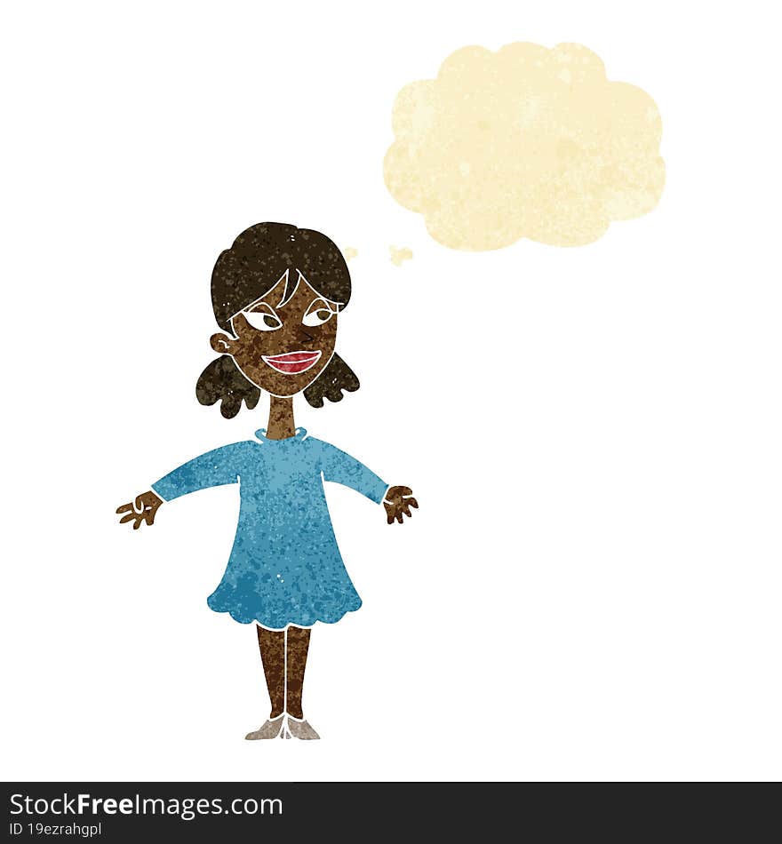 Cartoon Woman With Open Arms With Thought Bubble