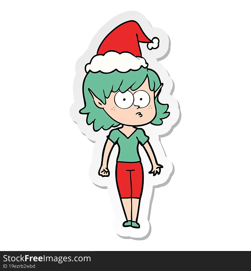 sticker cartoon of a elf girl staring wearing santa hat