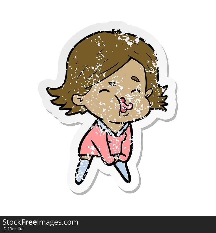 distressed sticker of a cartoon girl pulling face