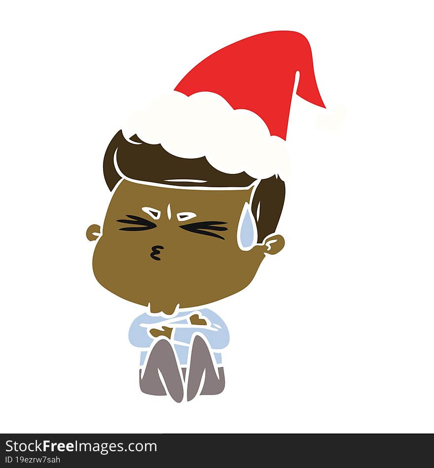 flat color illustration of a man sweating wearing santa hat