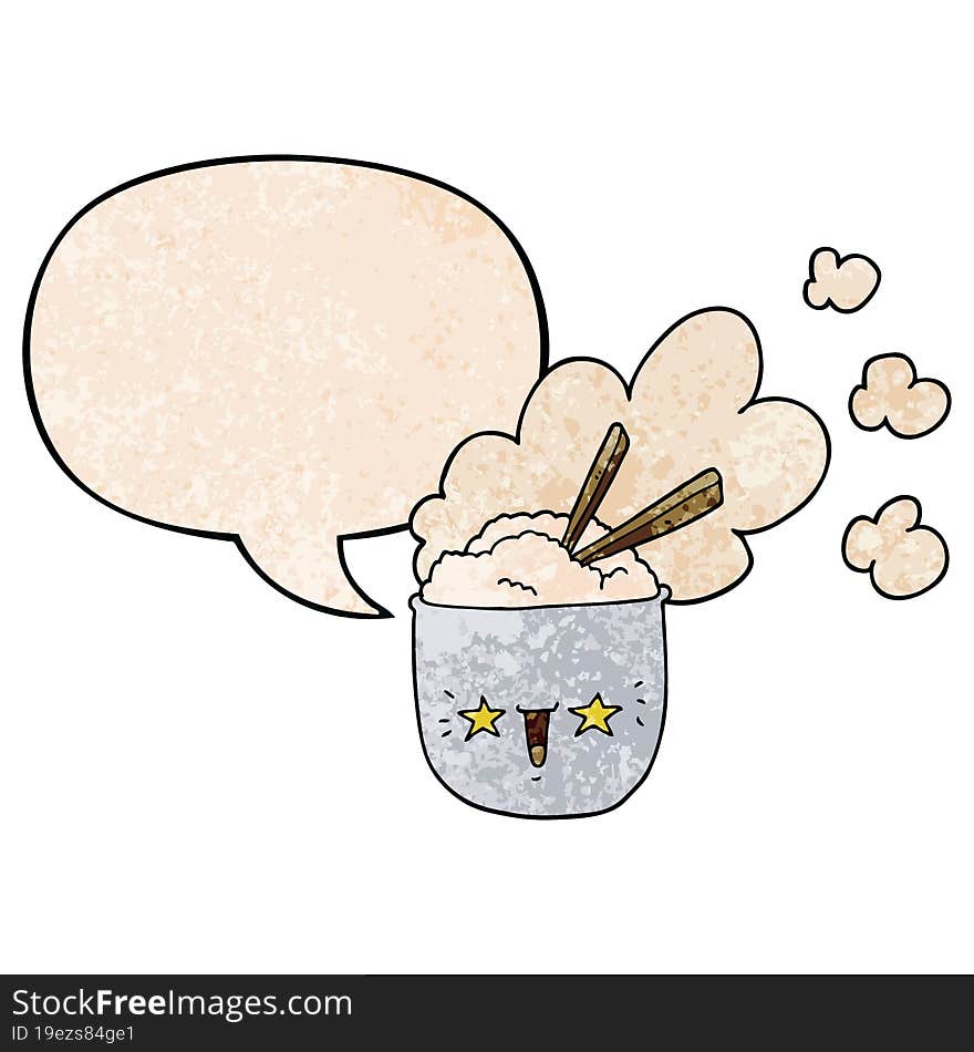 cute cartoon hot rice bowl and speech bubble in retro texture style