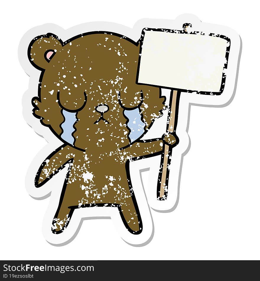 Distressed Sticker Of A Crying Cartoon Bear With Sign