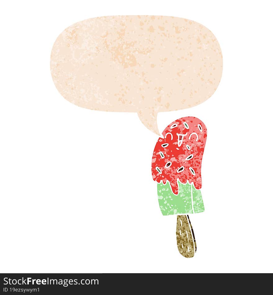 cartoon ice lolly and speech bubble in retro textured style