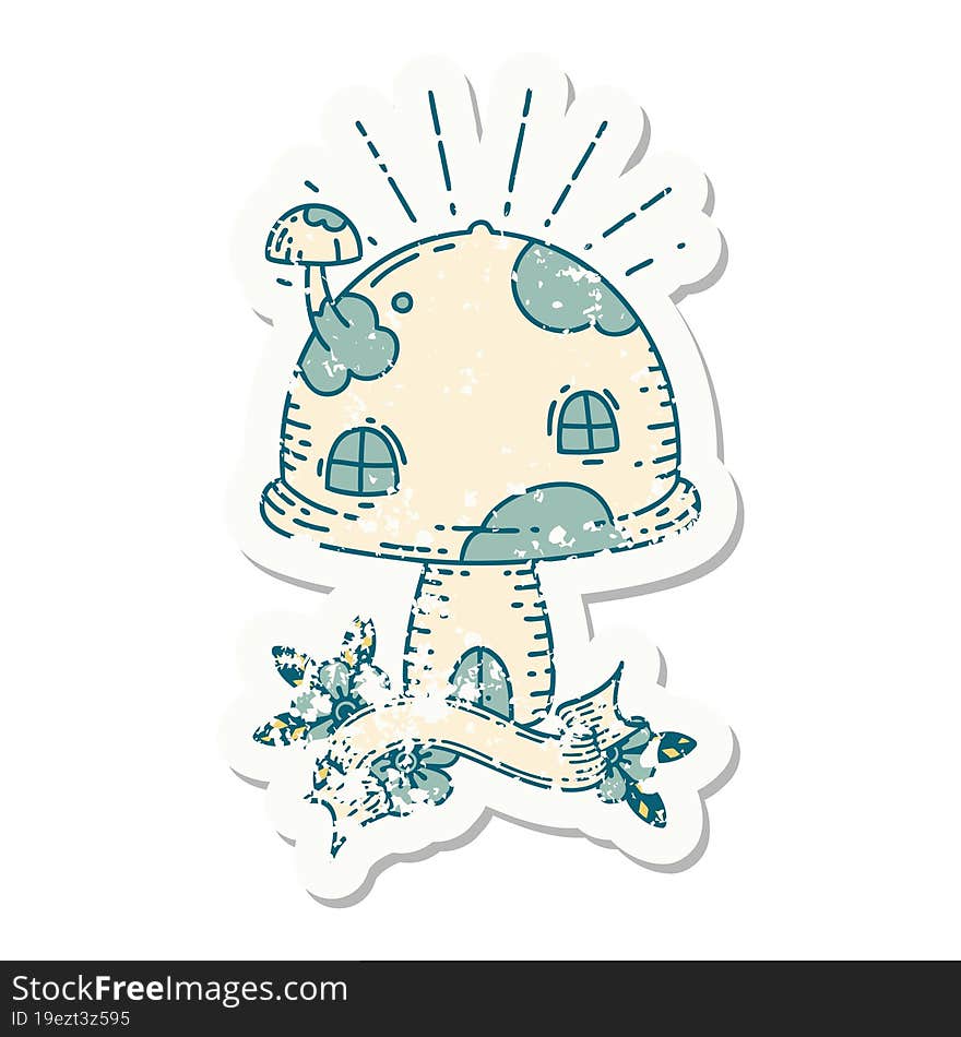 worn old sticker of a tattoo style toadstool house. worn old sticker of a tattoo style toadstool house