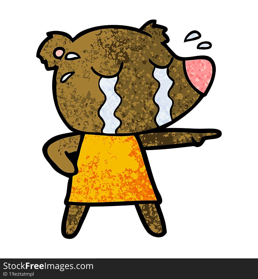 cartoon crying bear in dress pointing. cartoon crying bear in dress pointing