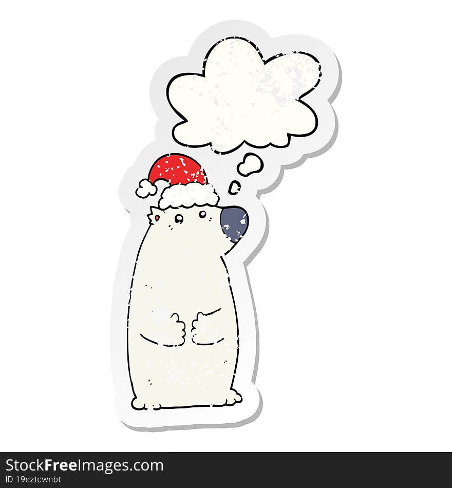 cartoon bear wearing christmas hat and thought bubble as a distressed worn sticker