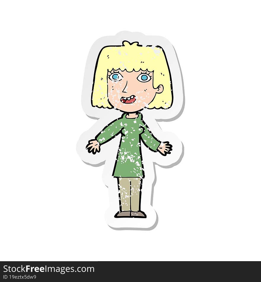 Retro Distressed Sticker Of A Cartoon Happy Woman