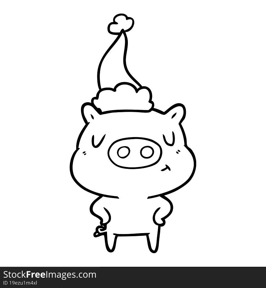 Line Drawing Of A Content Pig Wearing Santa Hat