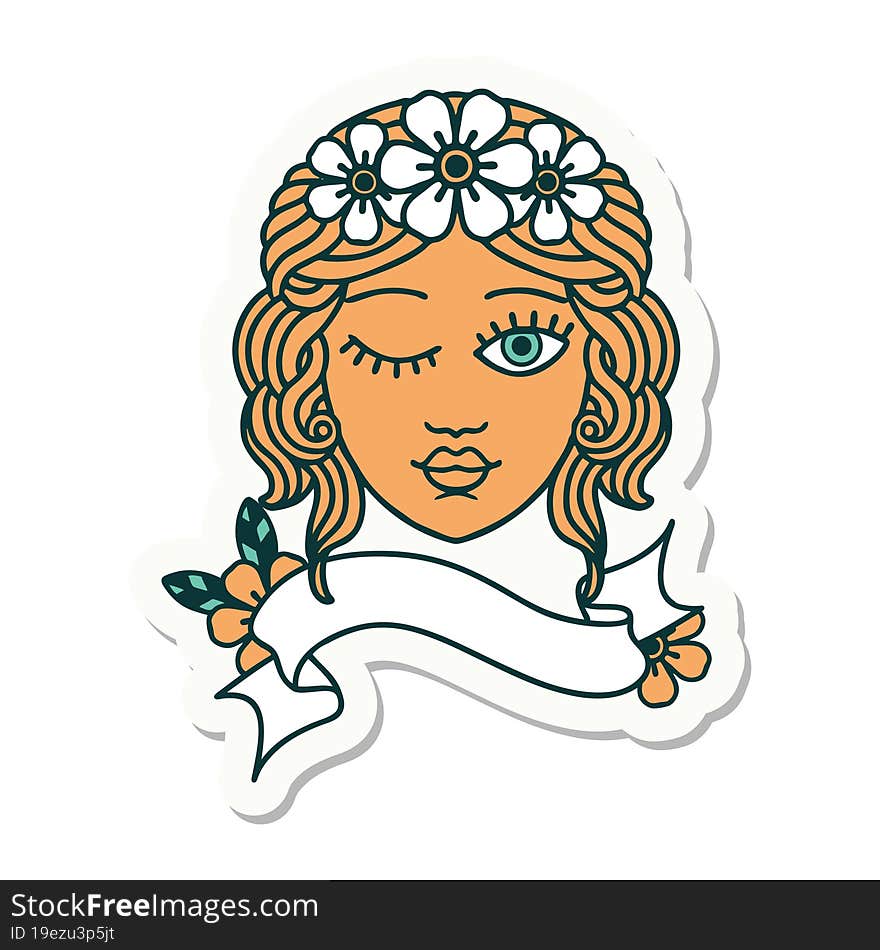 tattoo sticker with banner of a maidens face winking