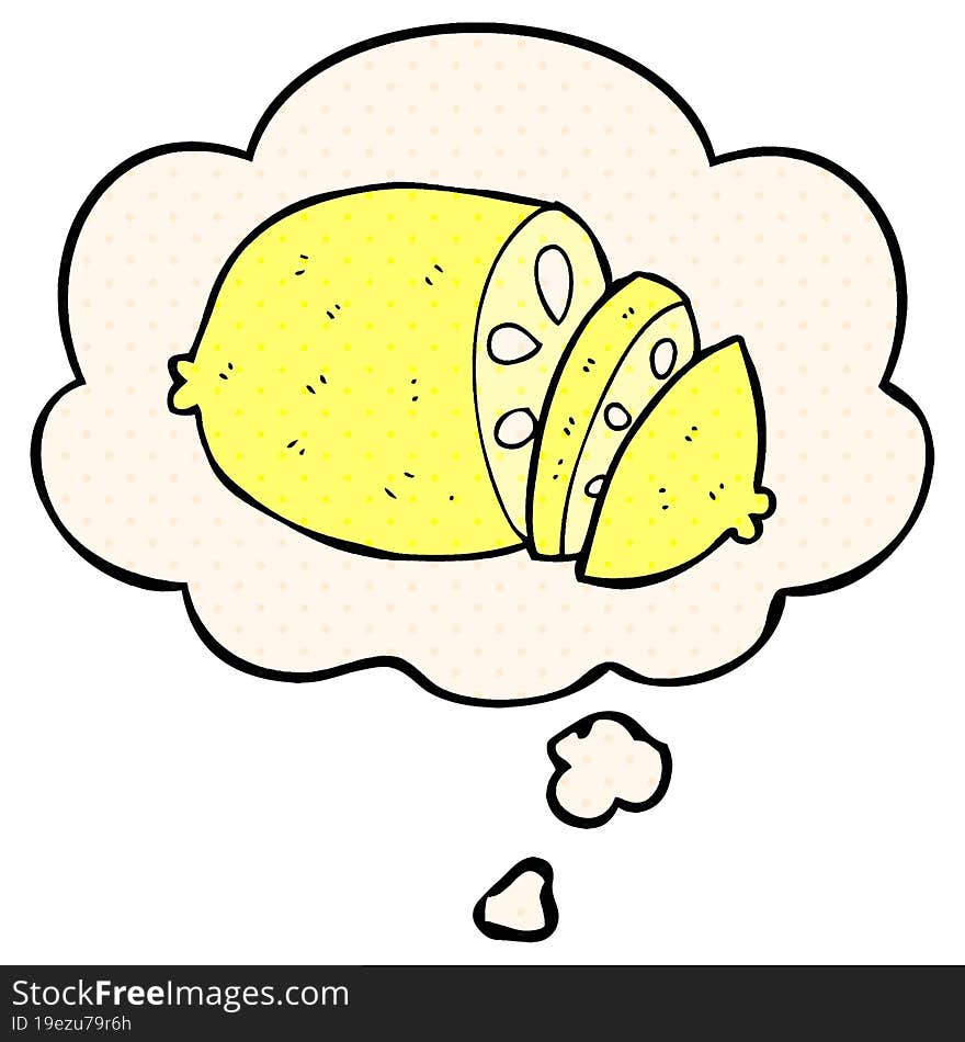 cartoon sliced lemon with thought bubble in comic book style