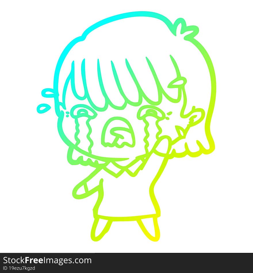 cold gradient line drawing of a cartoon girl crying