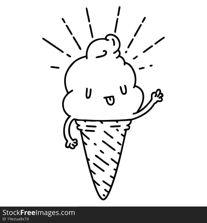 traditional black line work tattoo style ice cream character waving