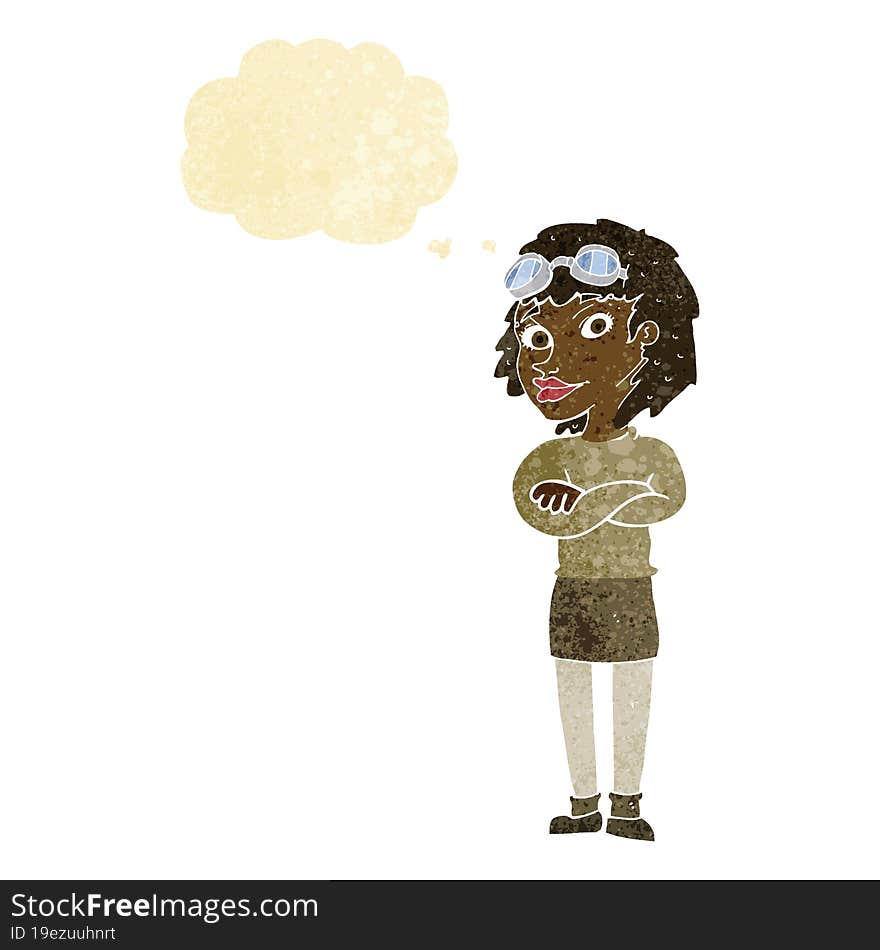 cartoon woman with crossed arms and safety goggles with thought bubble