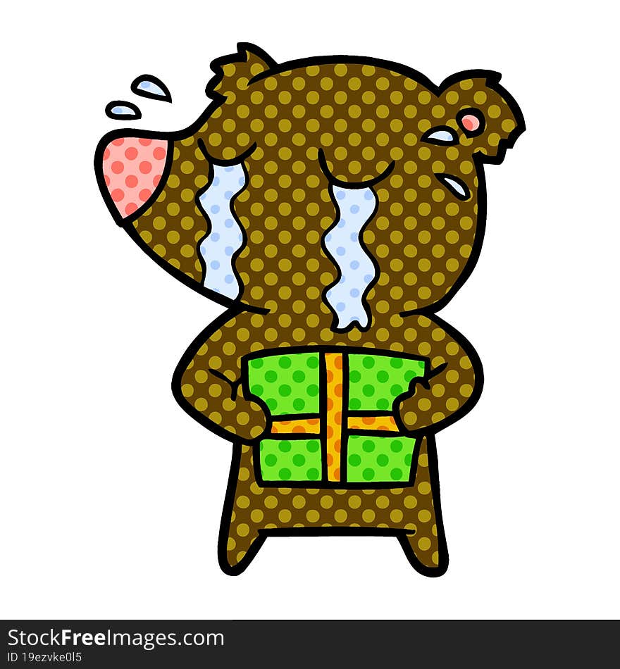 cartoon crying bear with present. cartoon crying bear with present