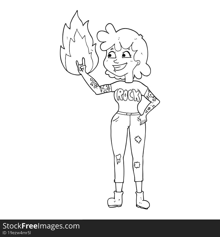 freehand drawn black and white cartoon rock girl