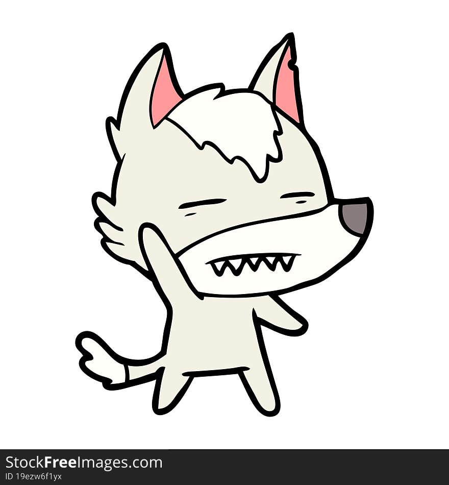 cartoon wolf waving showing teeth. cartoon wolf waving showing teeth