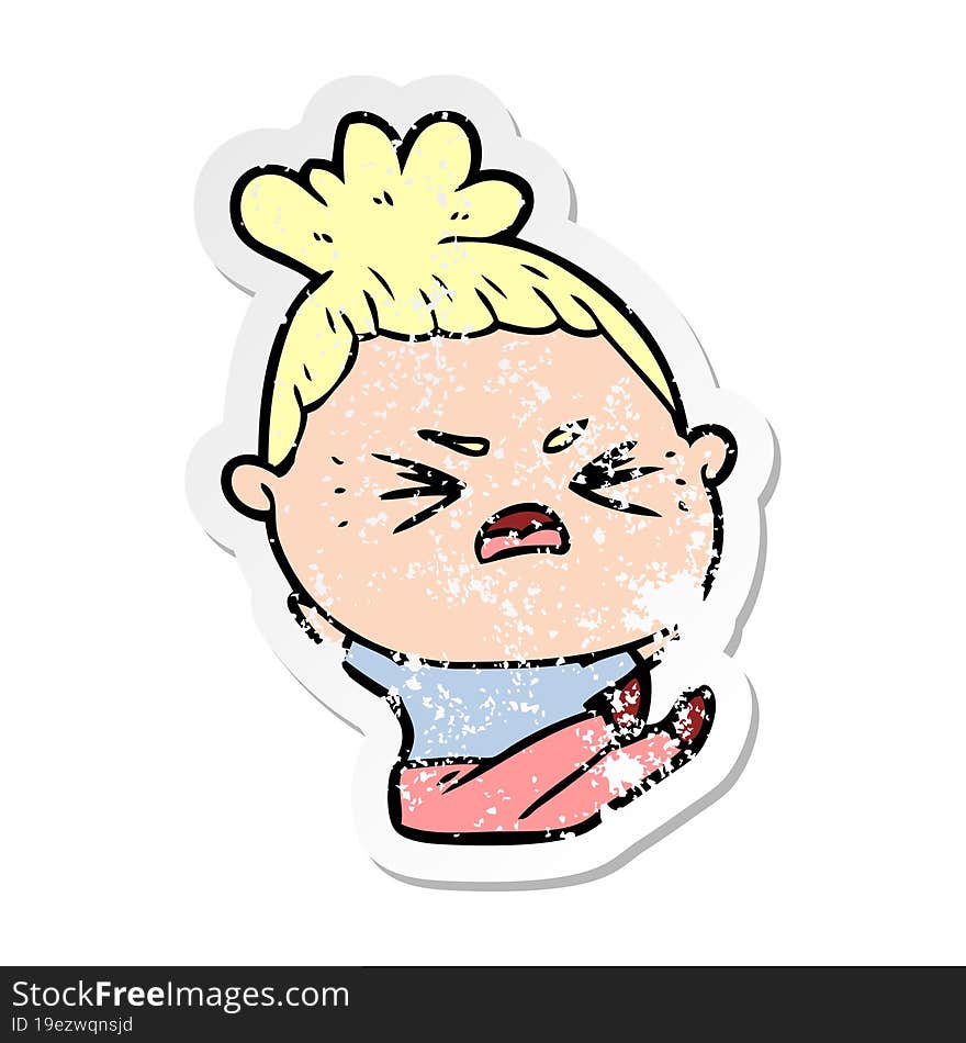 distressed sticker of a cartoon angry woman