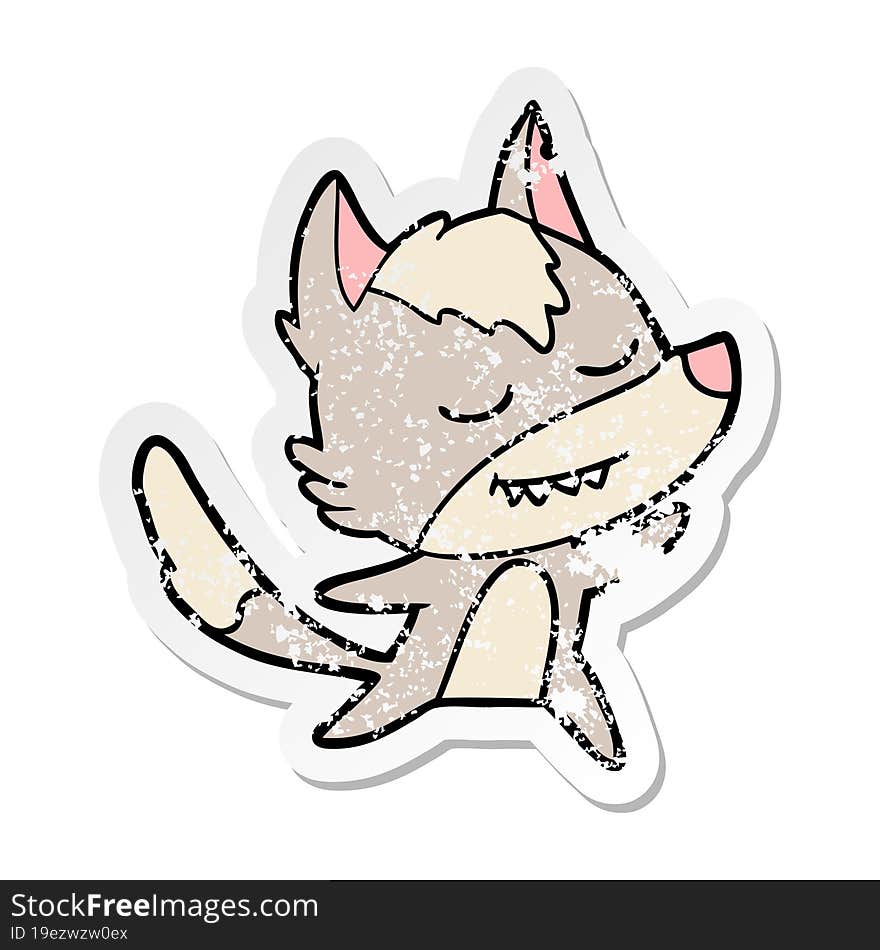 Distressed Sticker Of A Friendly Cartoon Wolf Dancing