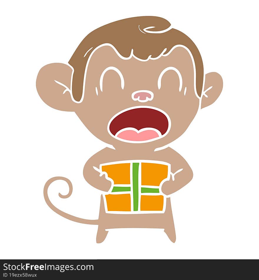 shouting flat color style cartoon monkey carrying christmas gift