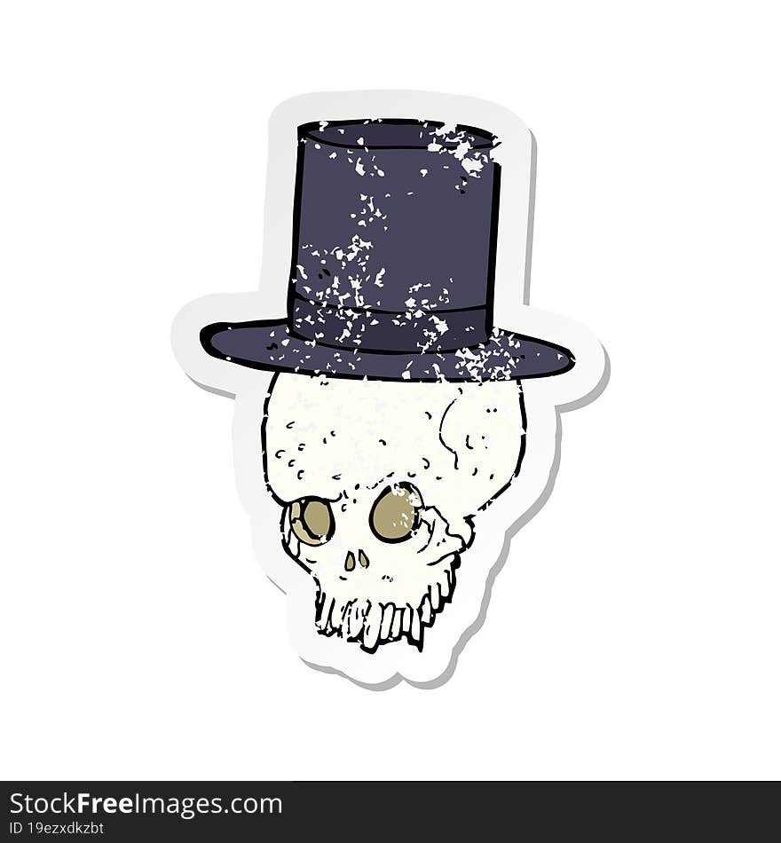 Retro Distressed Sticker Of A Cartoon Skull In Top Hat