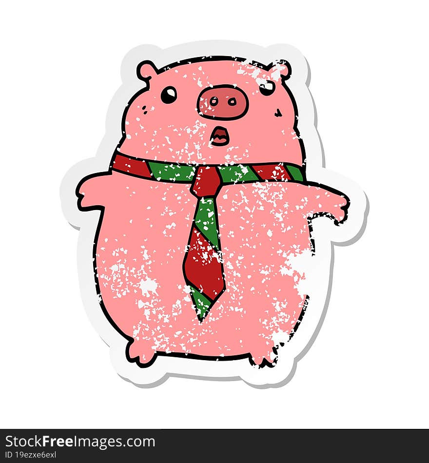 distressed sticker of a cartoon pig wearing office tie