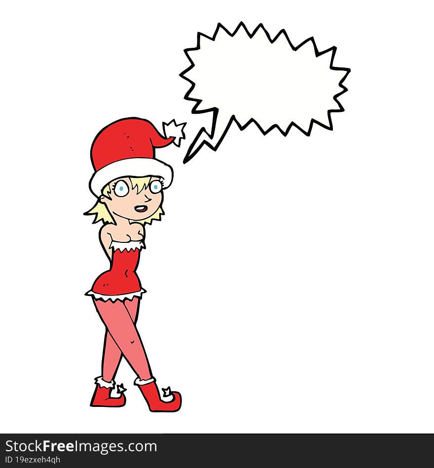 cartoon woman in christmas elf costume with speech bubble