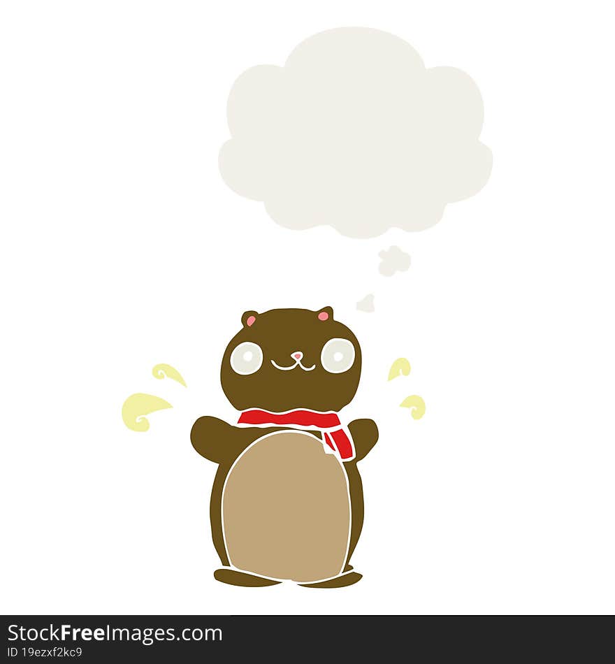 cartoon happy teddy bear with thought bubble in retro style