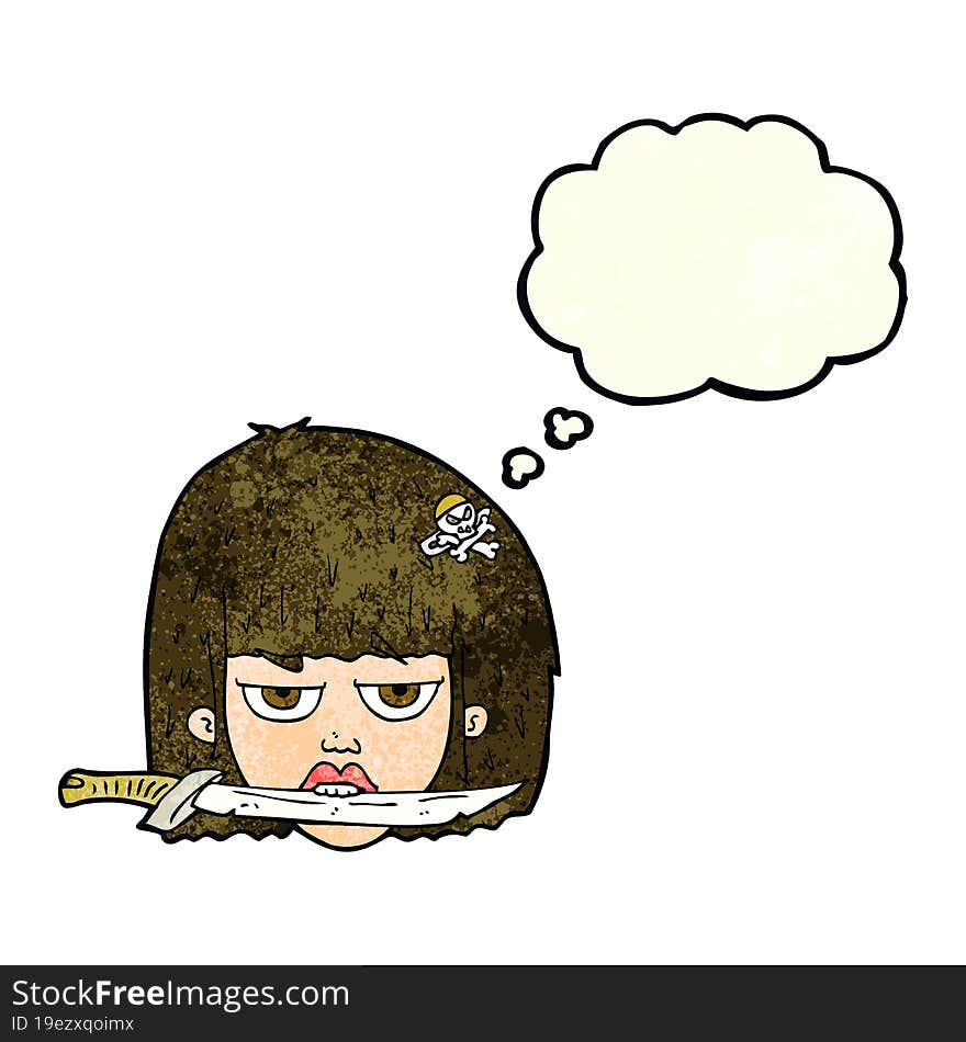 cartoon woman holding knife between teeth with thought bubble