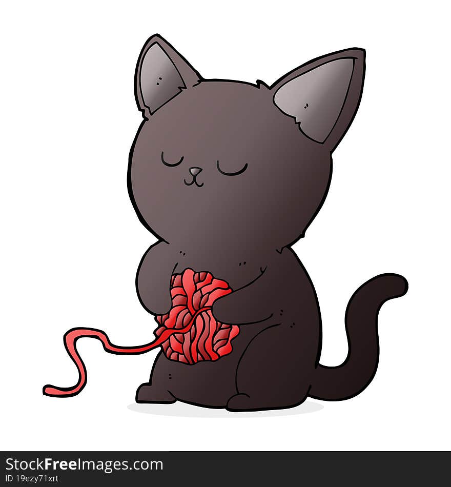 cartoon cute black cat playing with ball of yarn