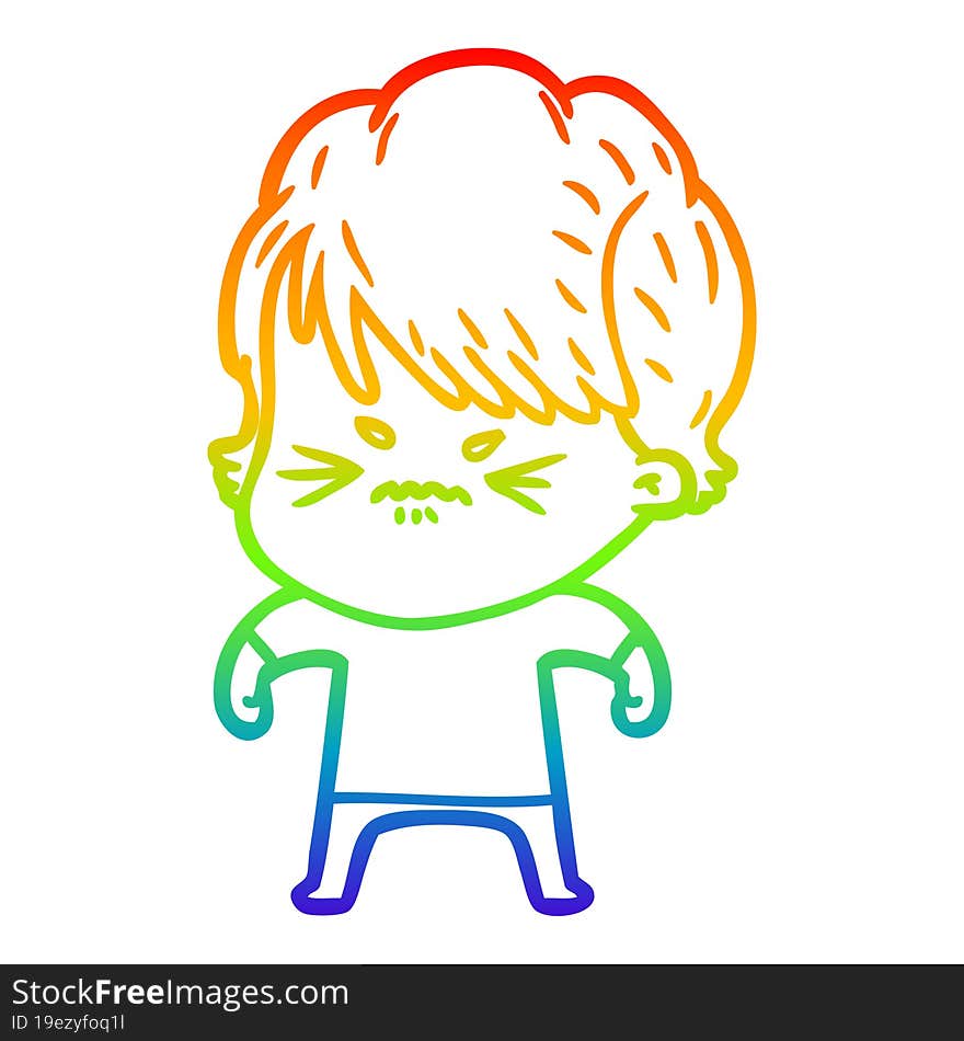 Rainbow Gradient Line Drawing Cartoon Frustrated Woman