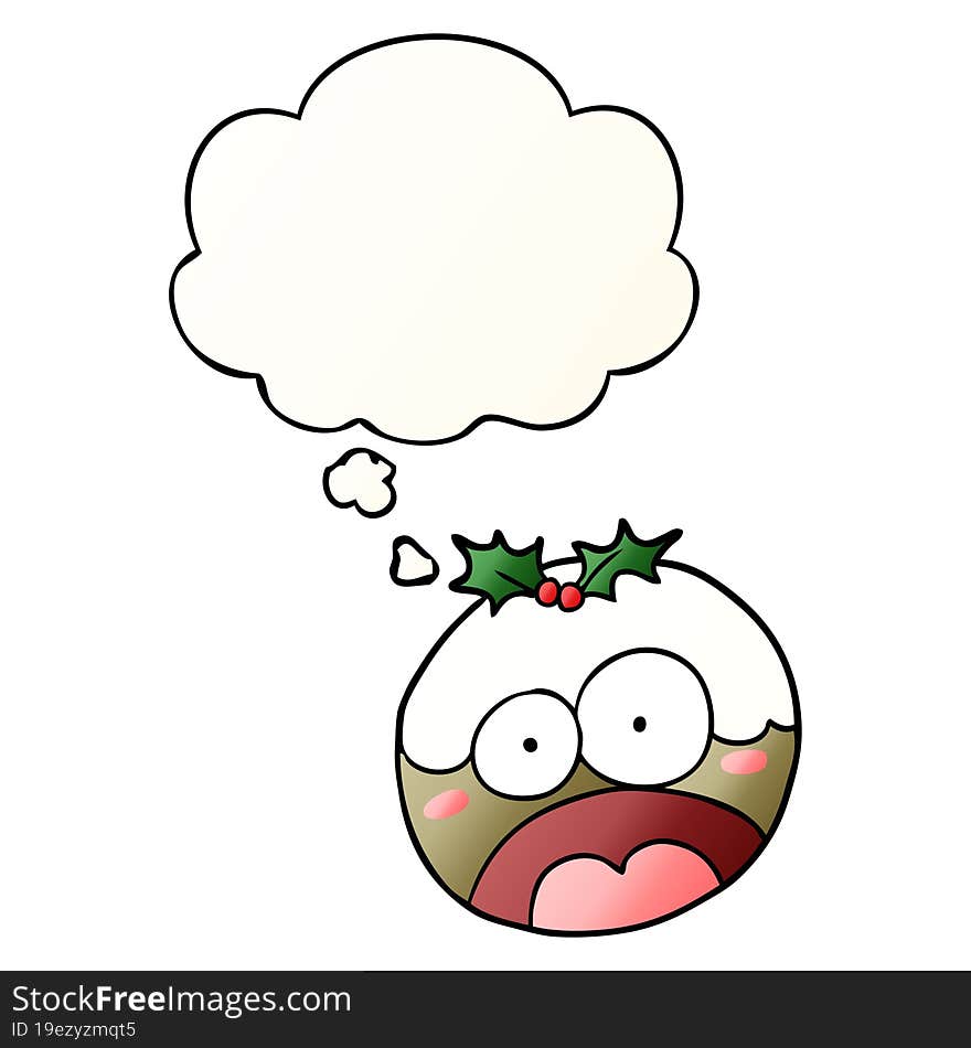 cartoon shocked chrstmas pudding and thought bubble in smooth gradient style