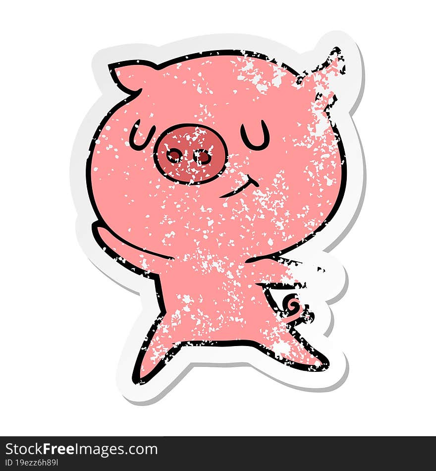 distressed sticker of a happy cartoon pig