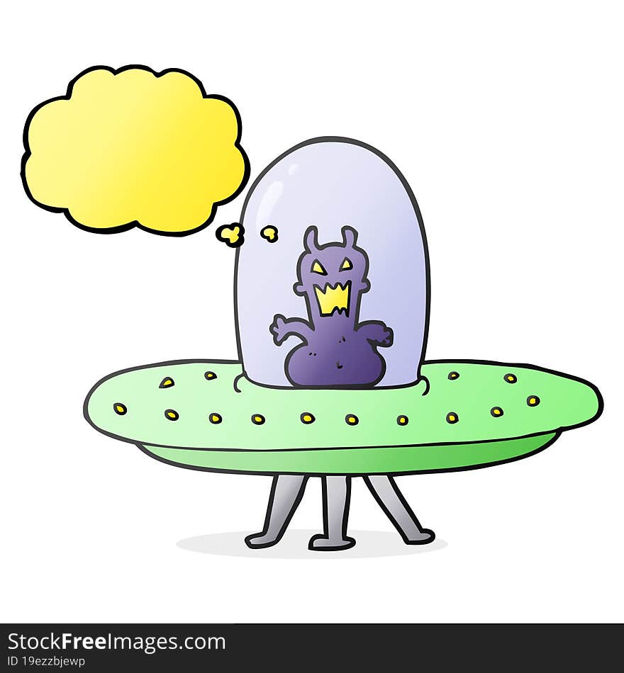 thought bubble cartoon alien in flying saucer