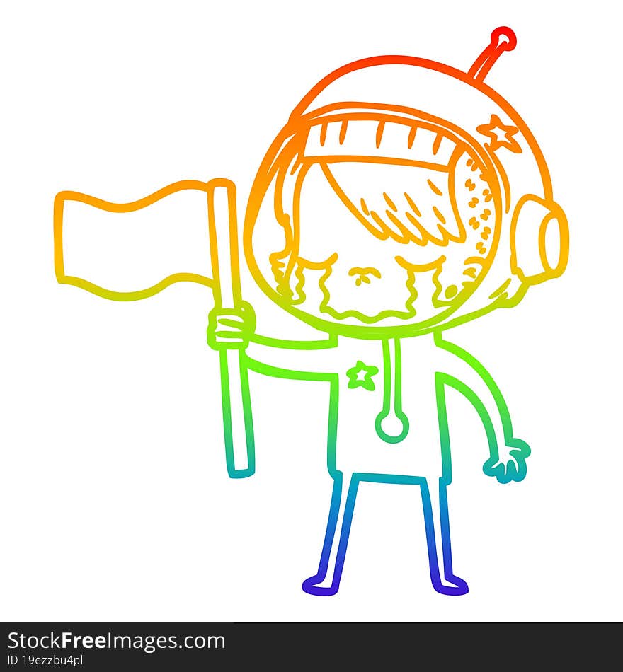 Rainbow Gradient Line Drawing Cartoon Crying Astronaut Girl