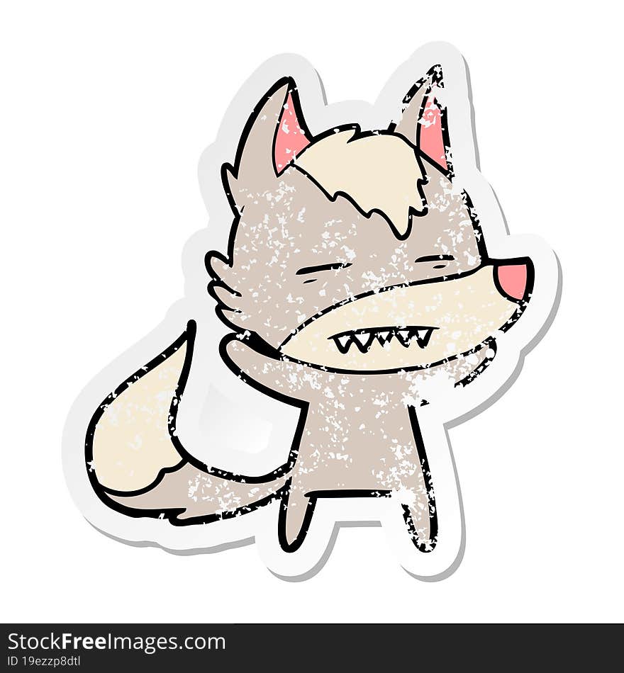 distressed sticker of a cartoon wolf showing teeth