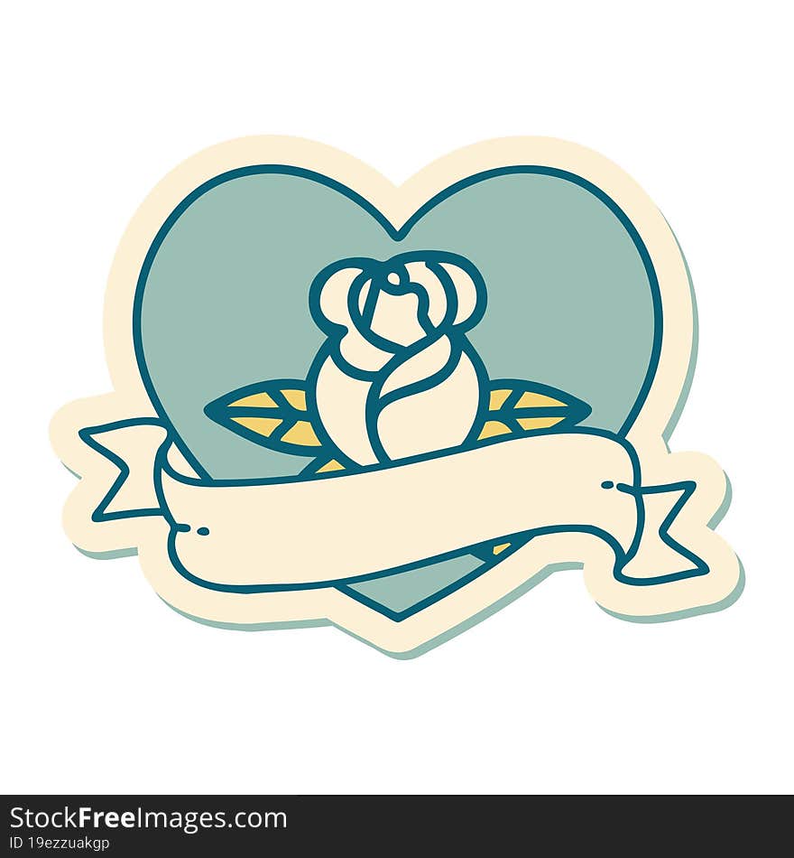 tattoo style sticker of a heart rose and banner