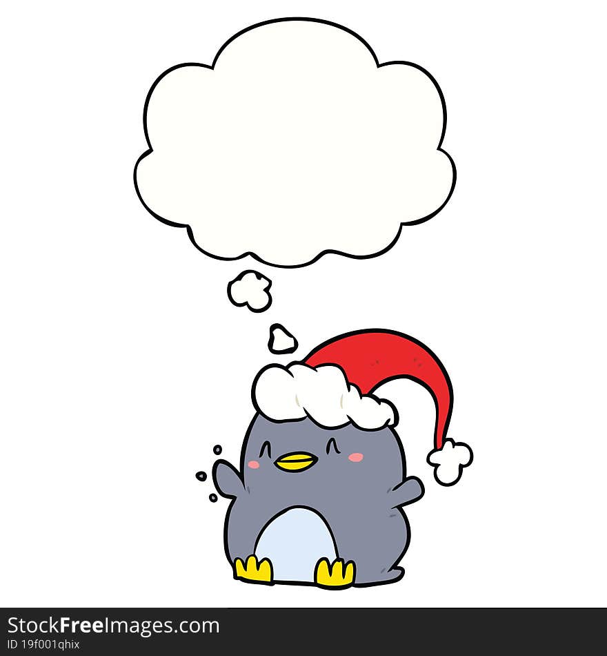 cartoon penguin wearing christmas hat and thought bubble