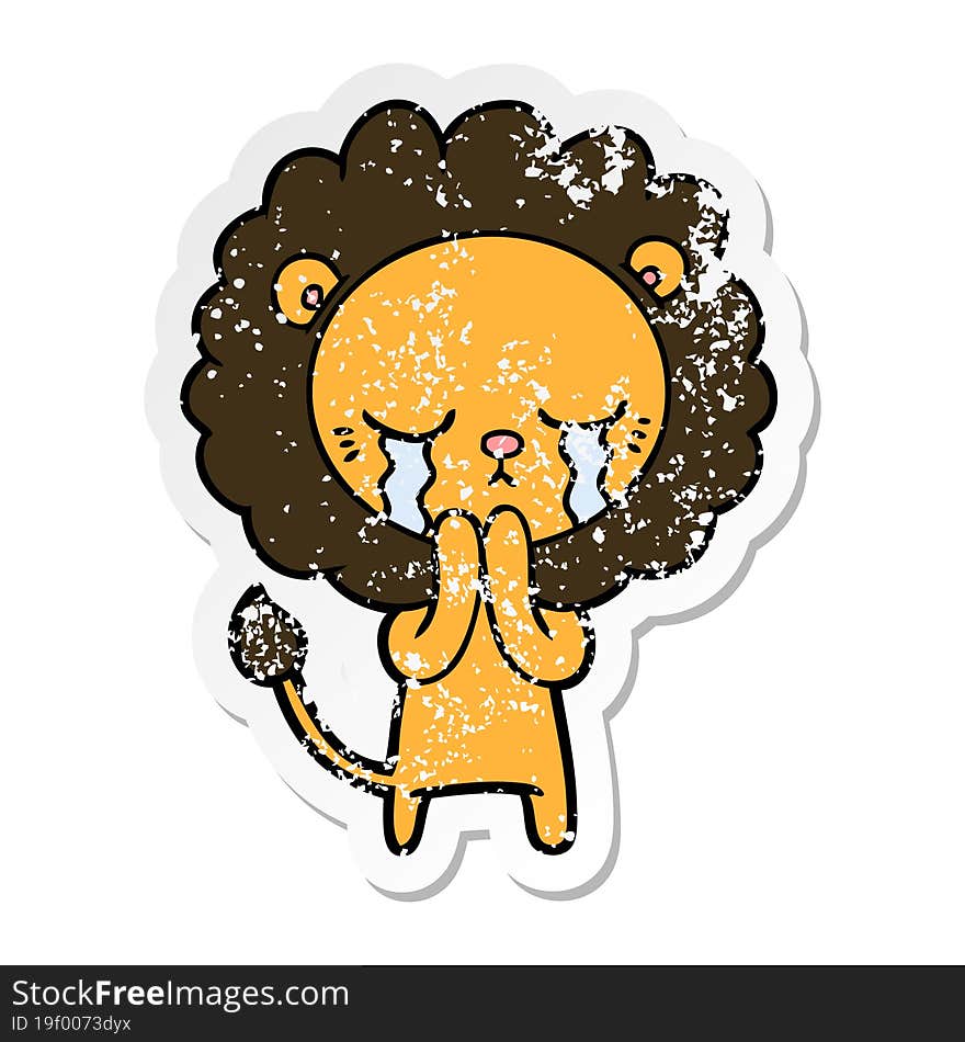 distressed sticker of a crying cartoon lion