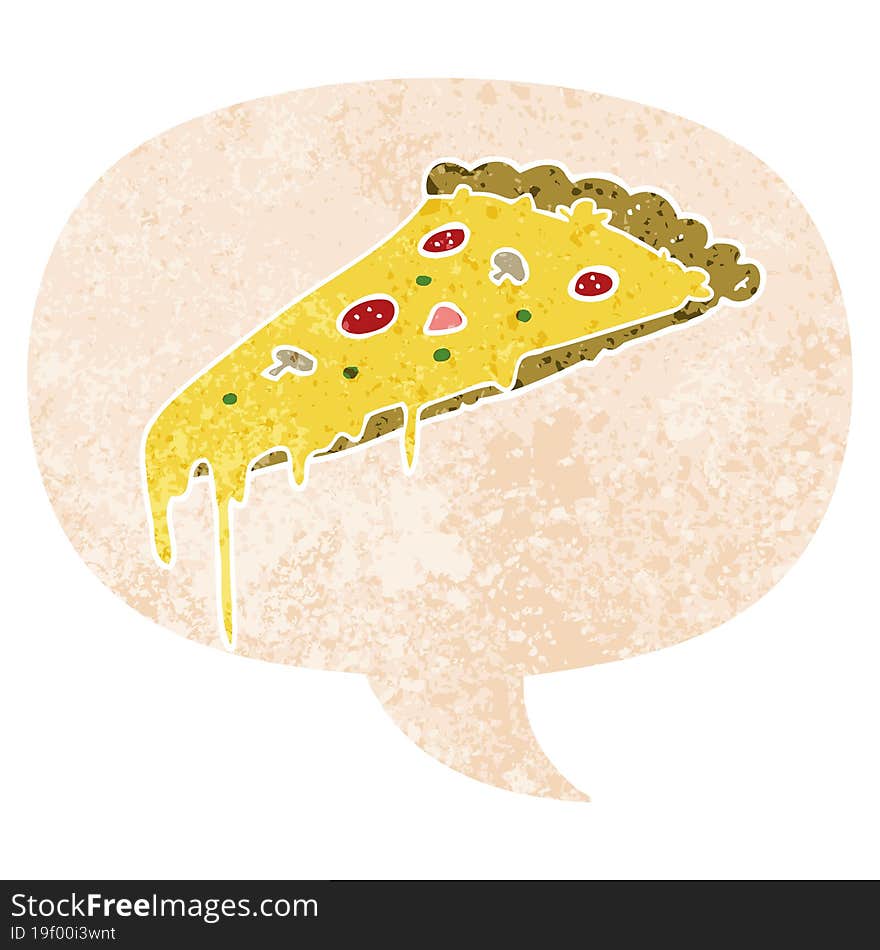 cartoon pizza slice and speech bubble in retro textured style