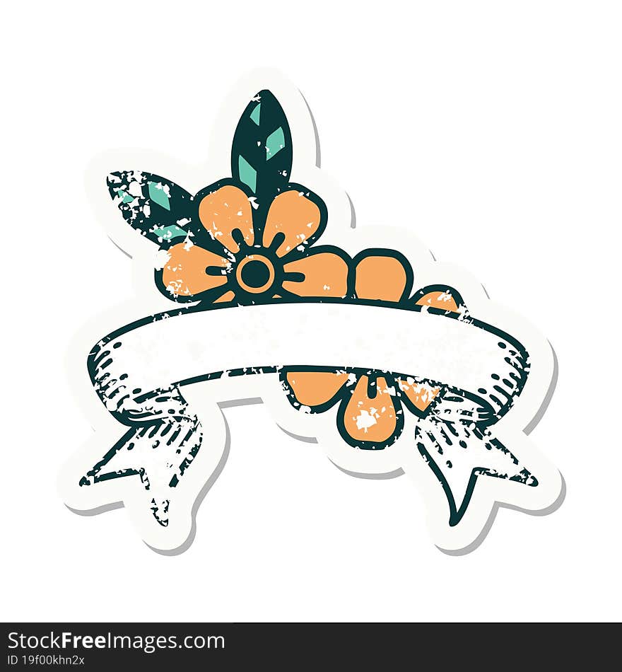 grunge sticker with banner of flowers