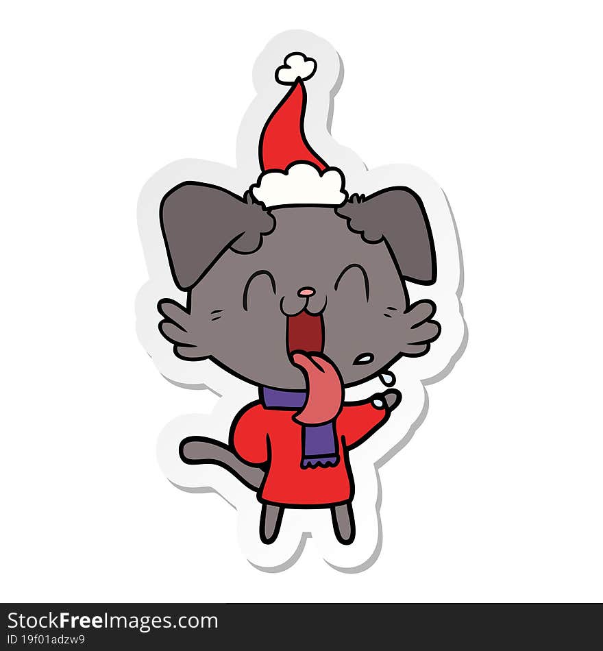 sticker cartoon of a panting dog wearing santa hat