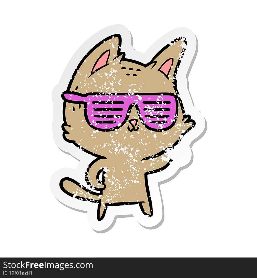 distressed sticker of a cartoon cat wearing cool glasses