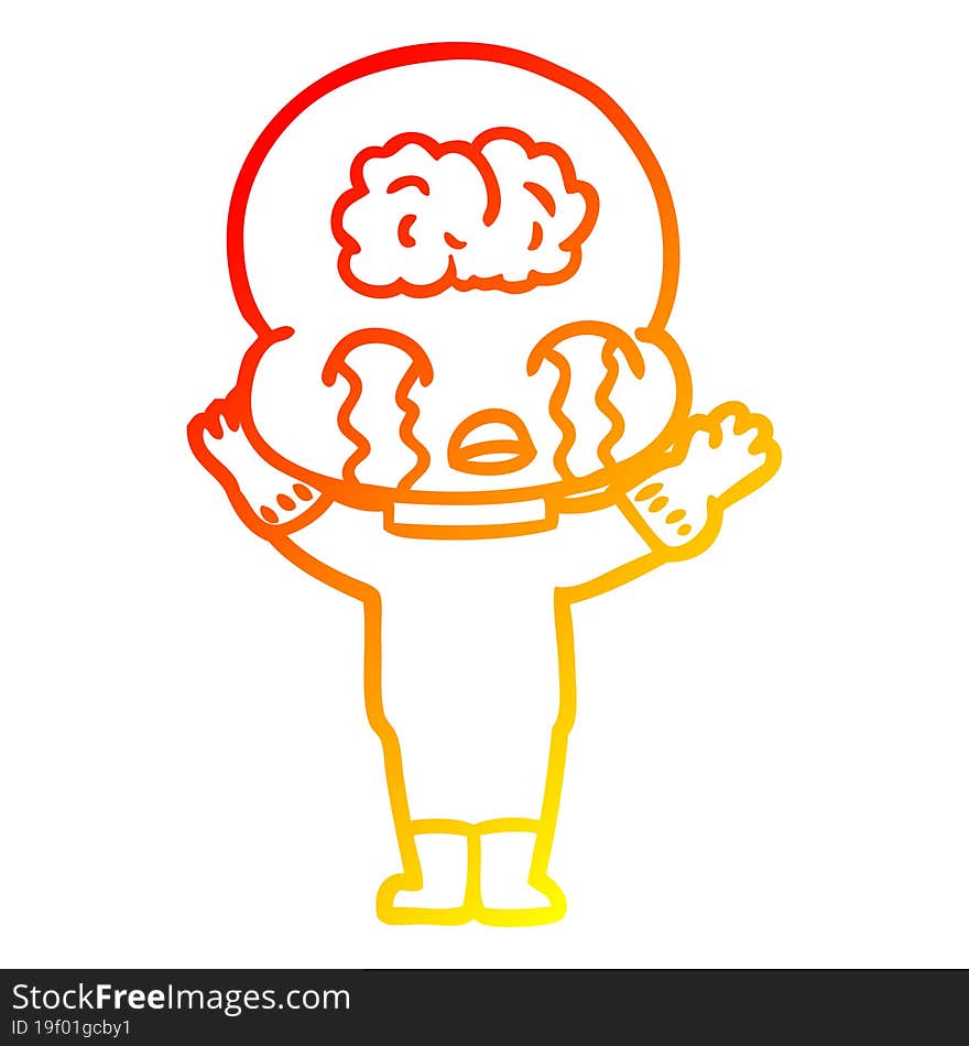 warm gradient line drawing cartoon big brain alien crying