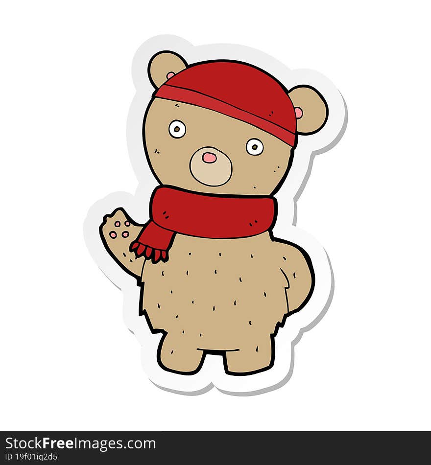 Sticker Of A Cartoon Teddy Bear In Winter Hat And Scarf