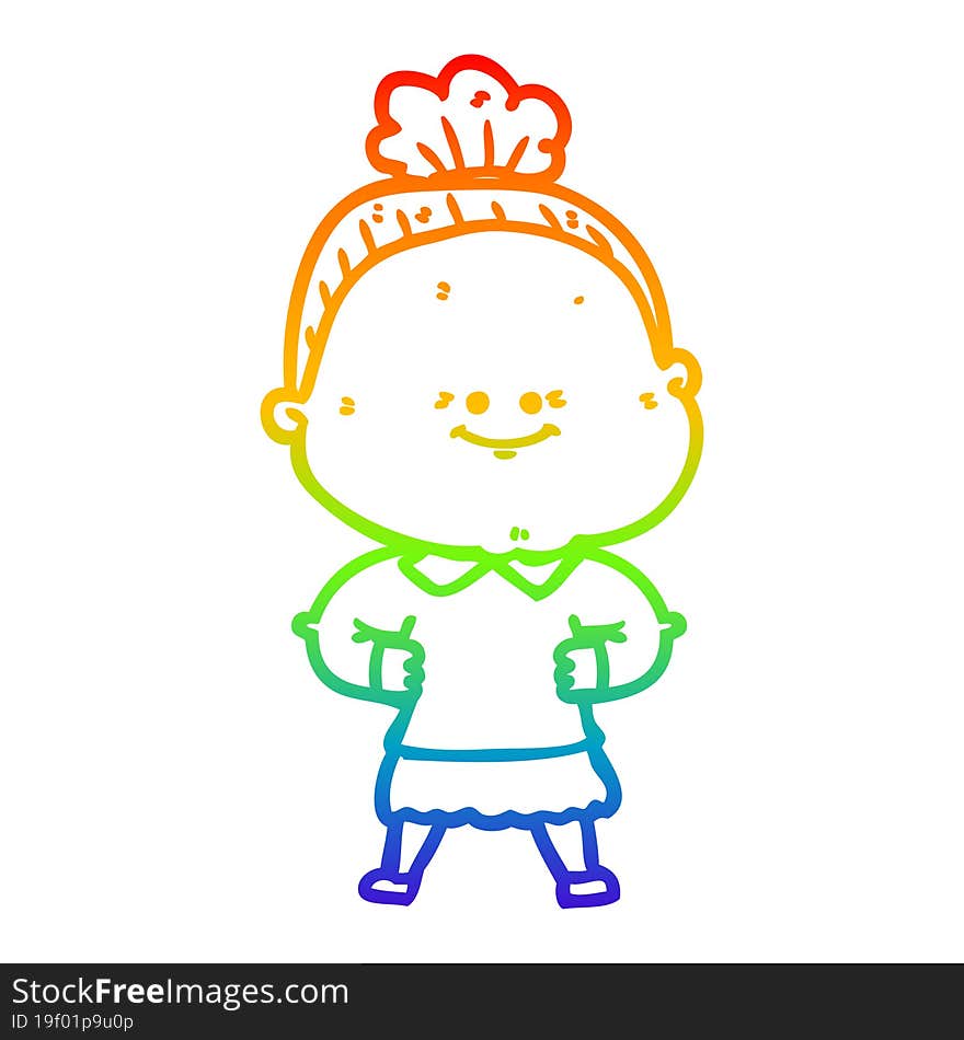 rainbow gradient line drawing of a cartoon happy old woman