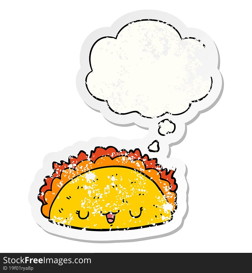 cartoon taco and thought bubble as a distressed worn sticker